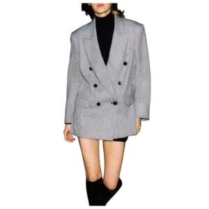 H&M Women’s Oversized Houndstooth Blazer Black White Double Breasted Size S